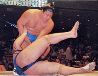 Wakahayato defeats his opponent in juryo (c. 1998)