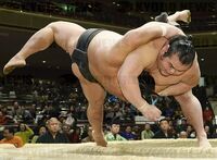 Higoarashi throws Tosayutaka to win the Makushita Yusho (c. 2014)