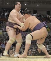 Tanzo defeats former Ozeki Miyabiyama (c. 2013)