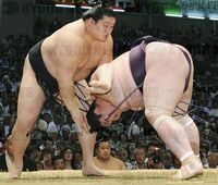 Hokutoriki defeats former Ozeki Dejima (c. 2008)