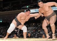 Kanpuzan loses the Sandanme Yusho match to Ura (c. 2020)