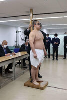 Kototebakari gets measured upon joining sumo (c. 2022)