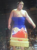 Tomoefuji during the Juryo dohyo-iri (c. 1990)