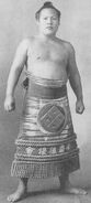 Yamatoiwa poses with his kesho-mawashi
