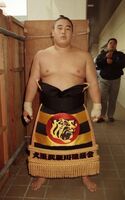 Mutetsuyama poses with his new kesho-mawashi after promotion to Juryo (c. 1994)