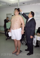 Tamanokuni gets measured upon joining professional sumo (c. 1998)