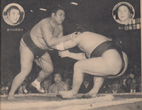 Tochifuji pushes out and defeats Yokozuna Taiho (c. 1971)