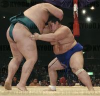 Towanoyama battles Ushiomaru in Juryo (c. 2003)
