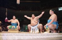 Hananokuni serves as yokozuna Onokuni's tachimochi (c. 1989)