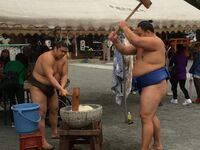 Tamadaiki pounds mochi with stablemate Tamawashi (c. 2014)