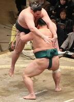 Iwakiyama pushes out and defeats Wakanoho (c. 2008)