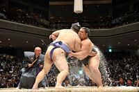 Okinofuji battles Okinoumi in his retirement ceremony (c. 2023)