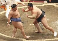 Okinoumi pushes out Tobizaru (c. 2021)