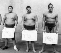 Wakayashima (middle) after winning the jonidan yusho (c. 1978)