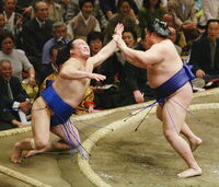 Hokutoriki pushes out and defeats Takamisakari (c. 2004)