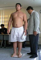 Wakamotoharu gets measured upon joining sumo (c. 2011)