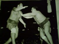 Muryu pushes against his opponent (c. 1978)