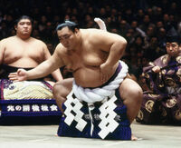 Toryu serves as Kitanoumi dew sweeper (c. 1985)