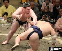 Wakaoho defeats ozeki Chiyotaikai (c. 2008)