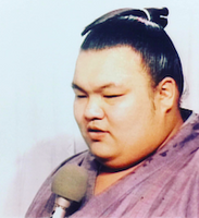 Maedaiko is interviewed after winning the jonidan yusho (c. 1993)