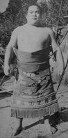 Kotozakura poses with his kesho-mawashi (c. 1967)
