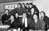 Matsumaeyama (left) celebrates Kitanofuji's Yusho (c. 1967)