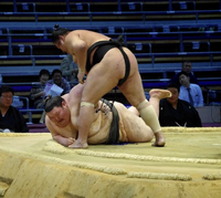 Kosei throws the much larger Orora (c. 2014)