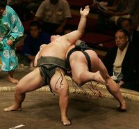 Isobe defeats Dewanosato with tsutaezori (c. 2005)