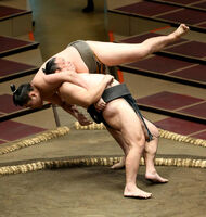 Satonofuji defeats his opponent by Izori (c. 2020)