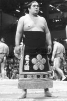 Hananokuni during the Juryo dohyo-iri (c. 1983)