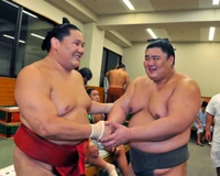 Asabenkei congratulated on Juryo promotion (c. 2015)