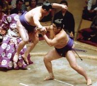 Tomonohana jumps during the tachi-ai against Hamanishiki (c. 2001)