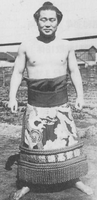 Yoshinomine poses with his kesho-mawashi