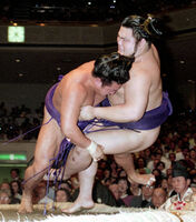 Tomoefuji gets tripped by Mainoumi (c. 1993)