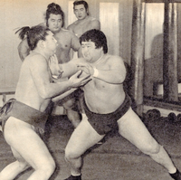 Onoumi practices his tsuppari during training (c. 1975)