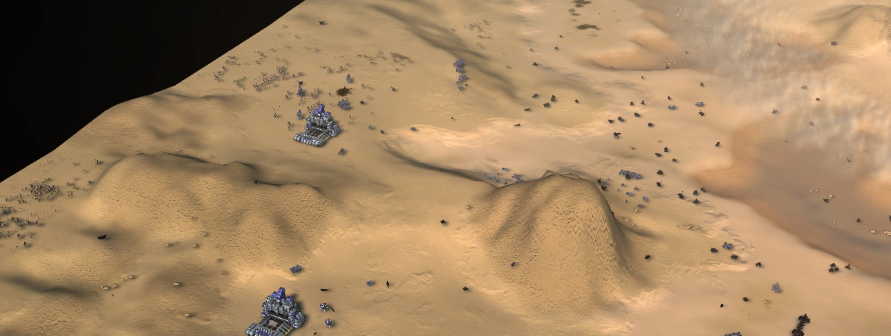 The mountainous area on the east side of the map with the river crossing in view. A mirrored version is present on the west side.