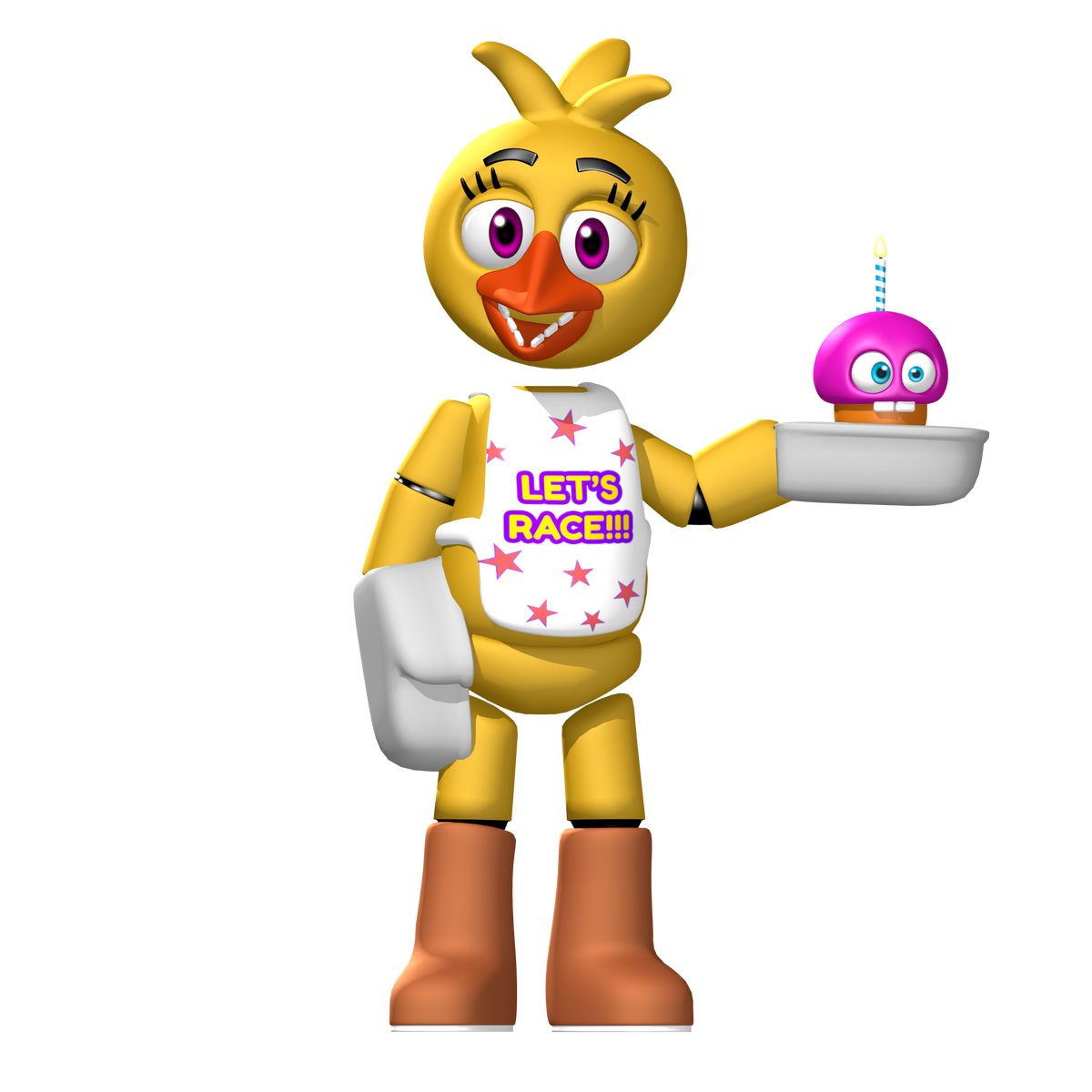 Swap!chica: a yellow chicken fnaf animatronic with a fancy dressed-up 80s  vibe with magenta eyes, a black bowler hat, an orange beak, a simple  attractive pink dress, and a microphone in her