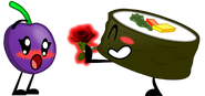 Sushi giving a rose to Grape
