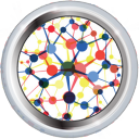 Connect100 Awarded for adding 100 articles to categories. (50 points) This one depicts a network with many, colorful nodes.
