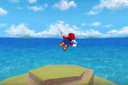 Mario flying towards the summit of Bob-omb Battlefield's mountain in the remake.