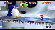 If the player climbs the giant Snowman instead, the snowman will exclaim, that Mario is a "snow flea" and attempt to blow him away. The player has to move in sync with the Big Penguin to avoid the Snowman's breath.