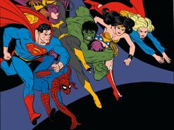 Alex Toth character designs of Superman, Spider-Man, Batgirl, Hulk, Wonder Woman and Supergirl.