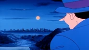 Penguin looking at the Metropolis skyline from Metropolis Prison The Case of the Stolen Powers