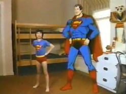 Superman with a boy in Superman underoos