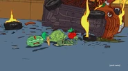 The Carrot, a Watermelon, a Tomato, a Cabbage, and a very hurt Zucchini after a truck crashed, as shown in "Superjail Grand Prix"