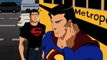When Bruce Wayne notices Superboy's detached behaviour in the Young Justice episode "Schooled", he tells Clark Kent in a diner that the boy needs his father. Clark storms off, saying he's not his father. (2011)