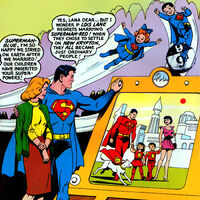 Two sets of twins with Lana Lang (as Superman Blue) and Lois Lane (as Superman Red) in Superman #162 (July 1963)