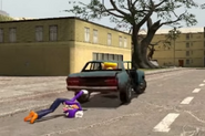 Waluigi hanging onto the car (from The Wacky Wario Bros.: The Winning Ticket)