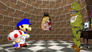 Old Chica in the castle, having snuck behind Mario in the portal.