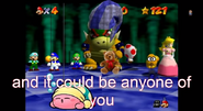 Tons of people gathered around in Bowser's first lair in Super Mario 64 Bloopers: The Mystery of the Chest.